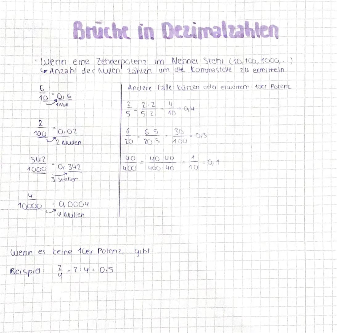 Brüche in Dezimalzahlen
- Wenn eine Zehnerpotenz im Nenner Stent (10, 100, 1000)
Anzahl der Nullen zählen um die kommastelle zu ermitteln.
A
