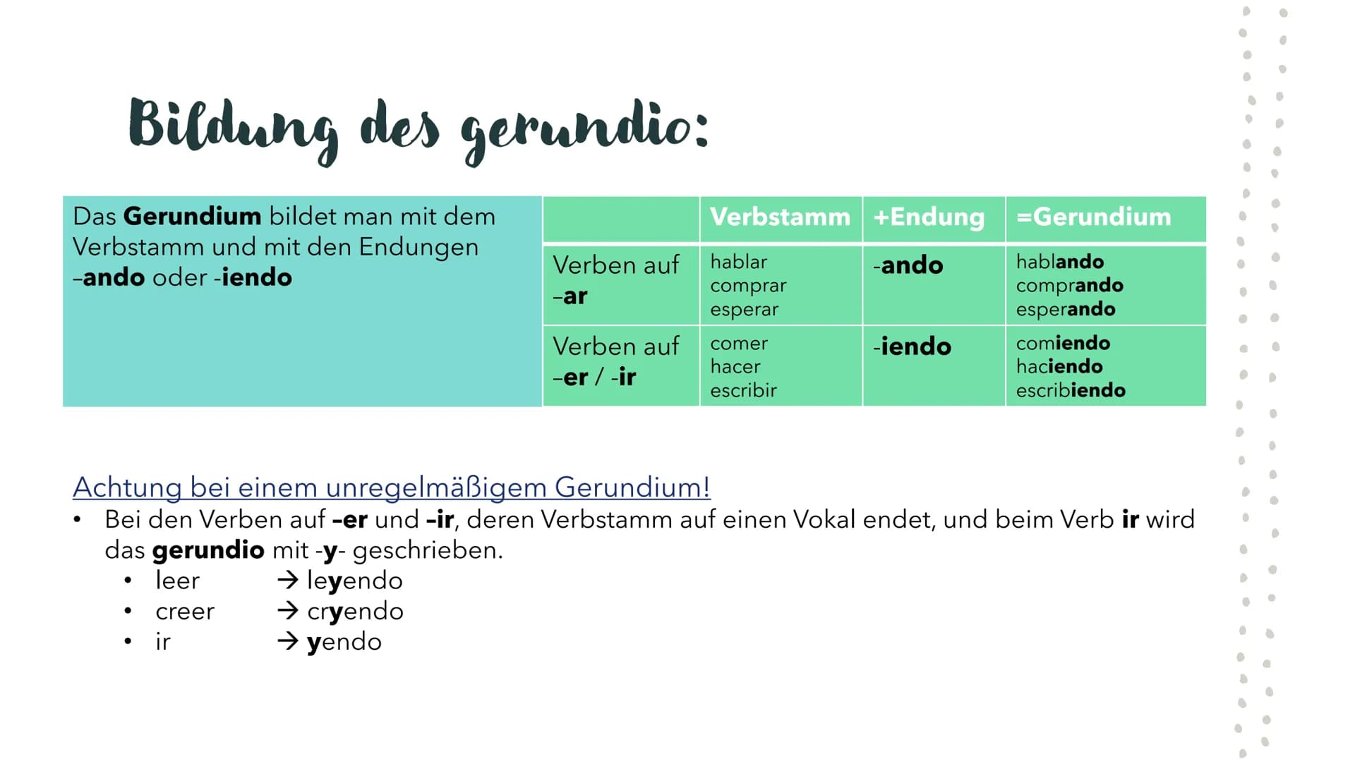 Das
Gerundium
im
Spanischen Bildung des gerundio:
Das Gerundium bildet man mit dem
Verbstamm und mit den Endungen
-ando oder -iendo
●
●
Verb