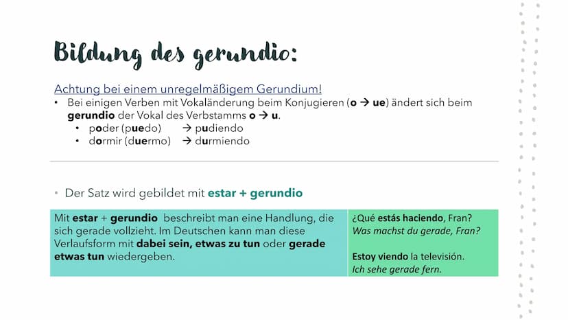 Das
Gerundium
im
Spanischen Bildung des gerundio:
Das Gerundium bildet man mit dem
Verbstamm und mit den Endungen
-ando oder -iendo
●
●
Verb