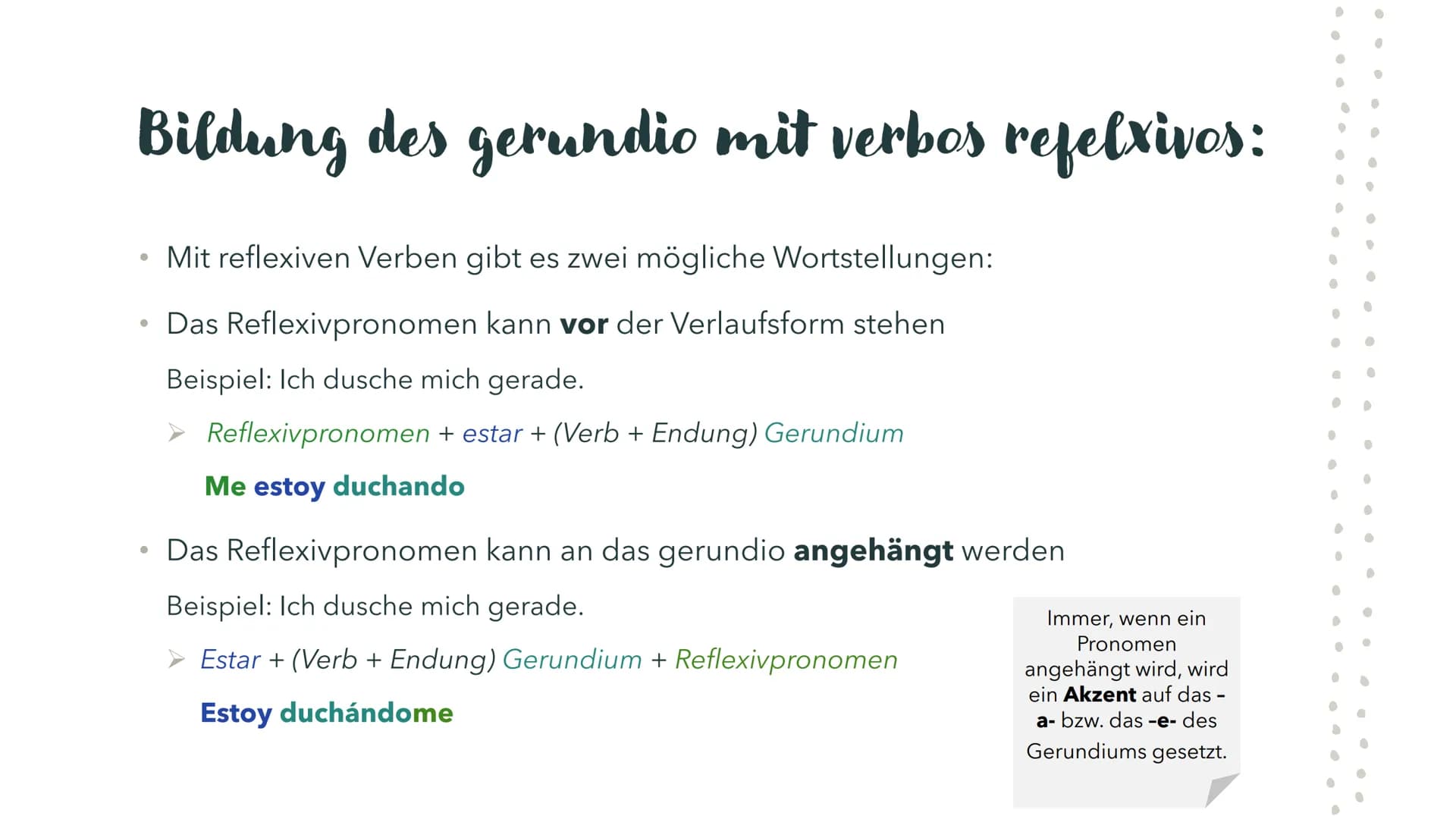 Das
Gerundium
im
Spanischen Bildung des gerundio:
Das Gerundium bildet man mit dem
Verbstamm und mit den Endungen
-ando oder -iendo
●
●
Verb