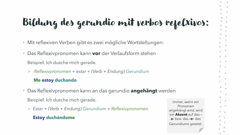 Das
Gerundium
im
Spanischen Bildung des gerundio:
Das Gerundium bildet man mit dem
Verbstamm und mit den Endungen
-ando oder -iendo
●
●
Verb