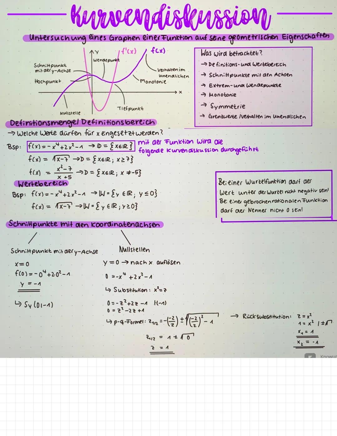 1. Nullstellen:
• Die Schnittstelle einer Funktion mit der
bezeichnet → f(x₂)=0
Allgemeine Vorgehensweise:
Funktionsgleichung 0 setzen → f(x