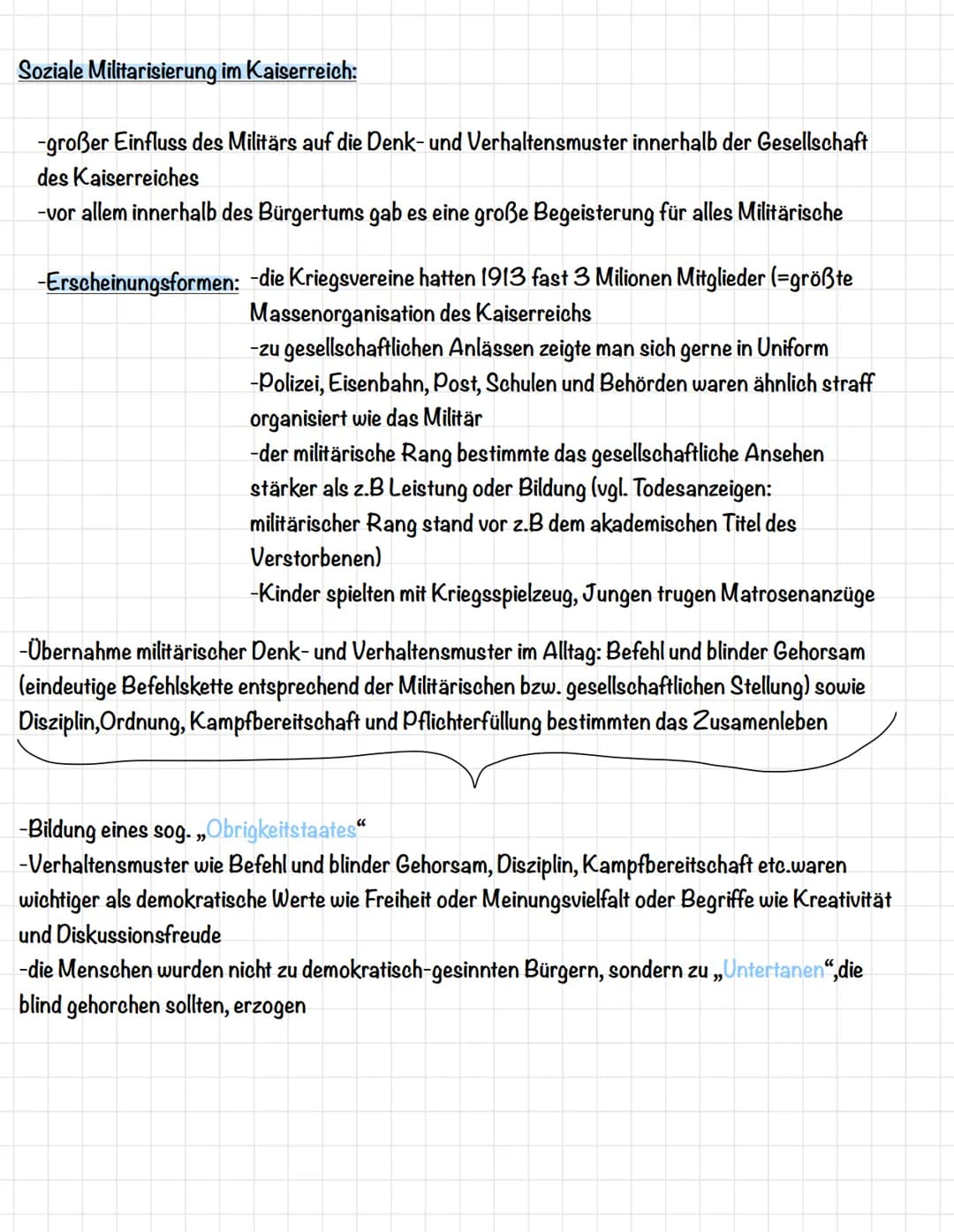 Soziale Militarisierung im Kaiserreich:
-großer Einfluss des Militärs auf die Denk- und Verhaltensmuster innerhalb der Gesellschaft
des Kais