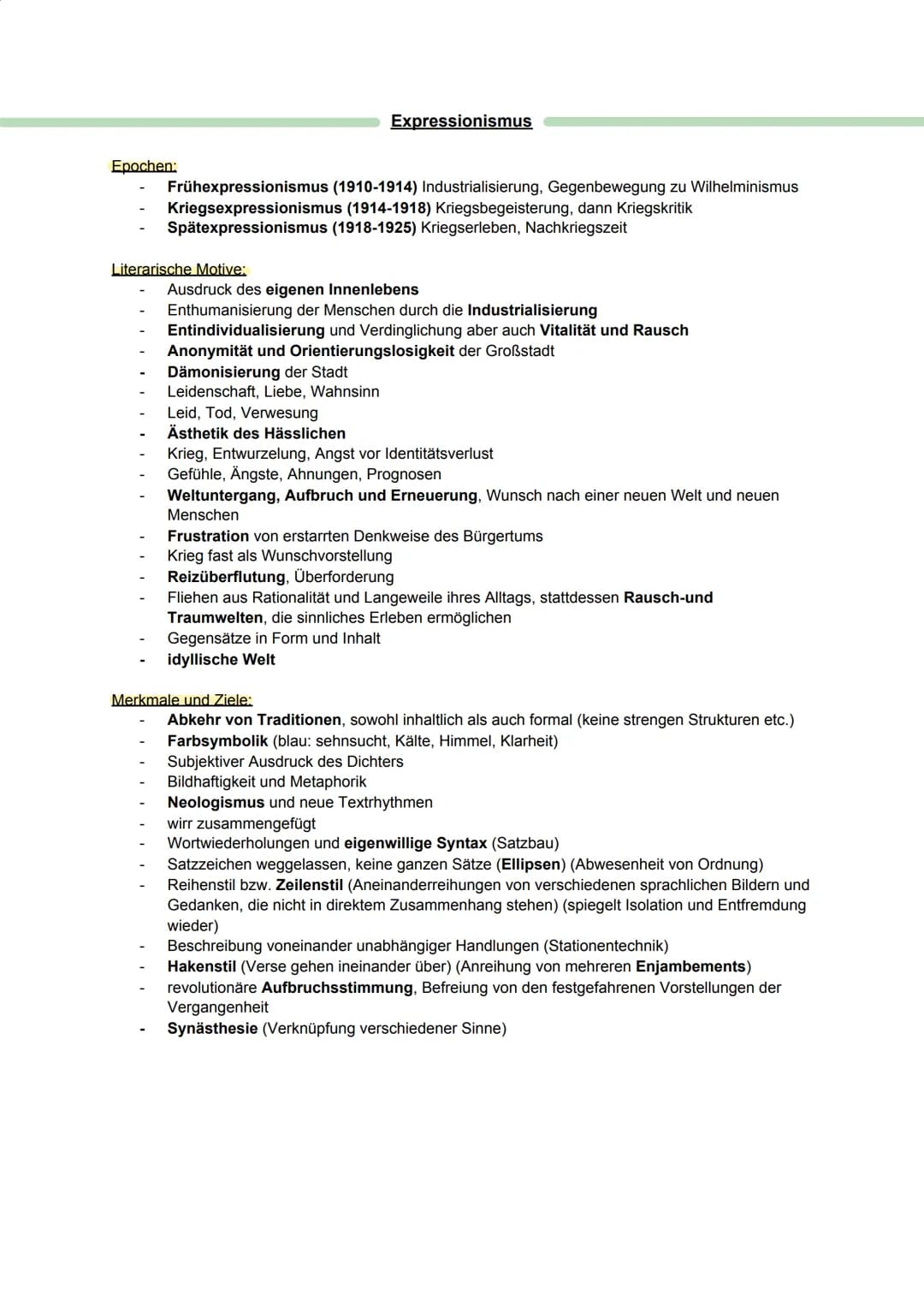 Epochen:
Expressionismus
Frühexpressionismus (1910-1914) Industrialisierung, Gegenbewegung zu Wilhelminismus
Kriegsexpressionismus (1914-191