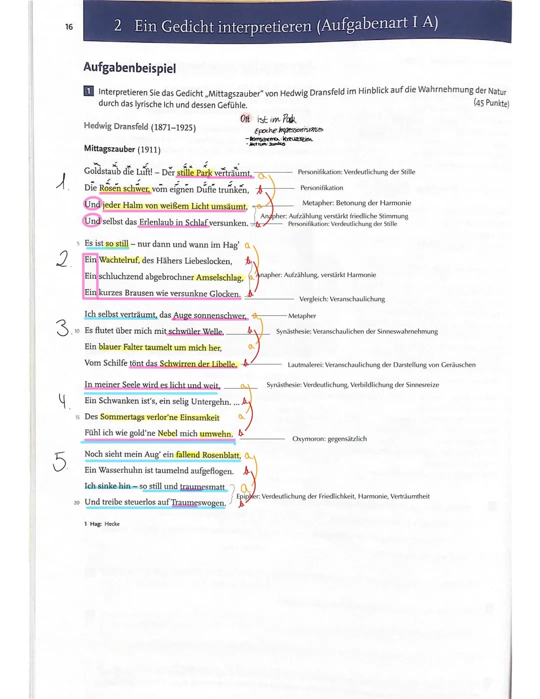 16
1.
4.
3.₁
5.
2 Ein Gedicht interpretieren (Aufgabenart I A)
Aufgabenbeispiel
1 Interpretieren Sie das Gedicht ,,Mittagszauber" von Hedwig