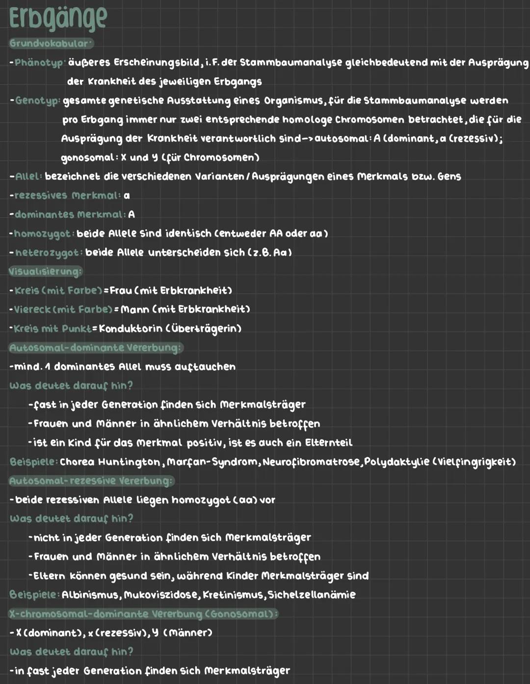# Erbgänge

Grundvokabular

-Phänotyp: äußeres Erscheinungsbild, i. F. der Stammbaumanalyse gleichbedeutend mit der Ausprägung
der Krankheit
