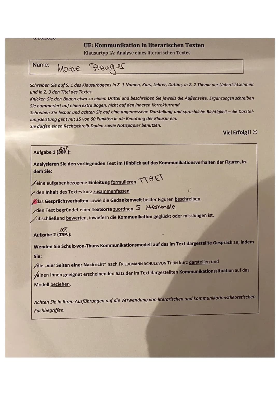 V.LVISVSU
UE: Kommunikation in literarischen Texten
Klausurtyp IA: Analyse eines literarischen Textes
Name: Mane Pleuger
Schreiben Sie auf S