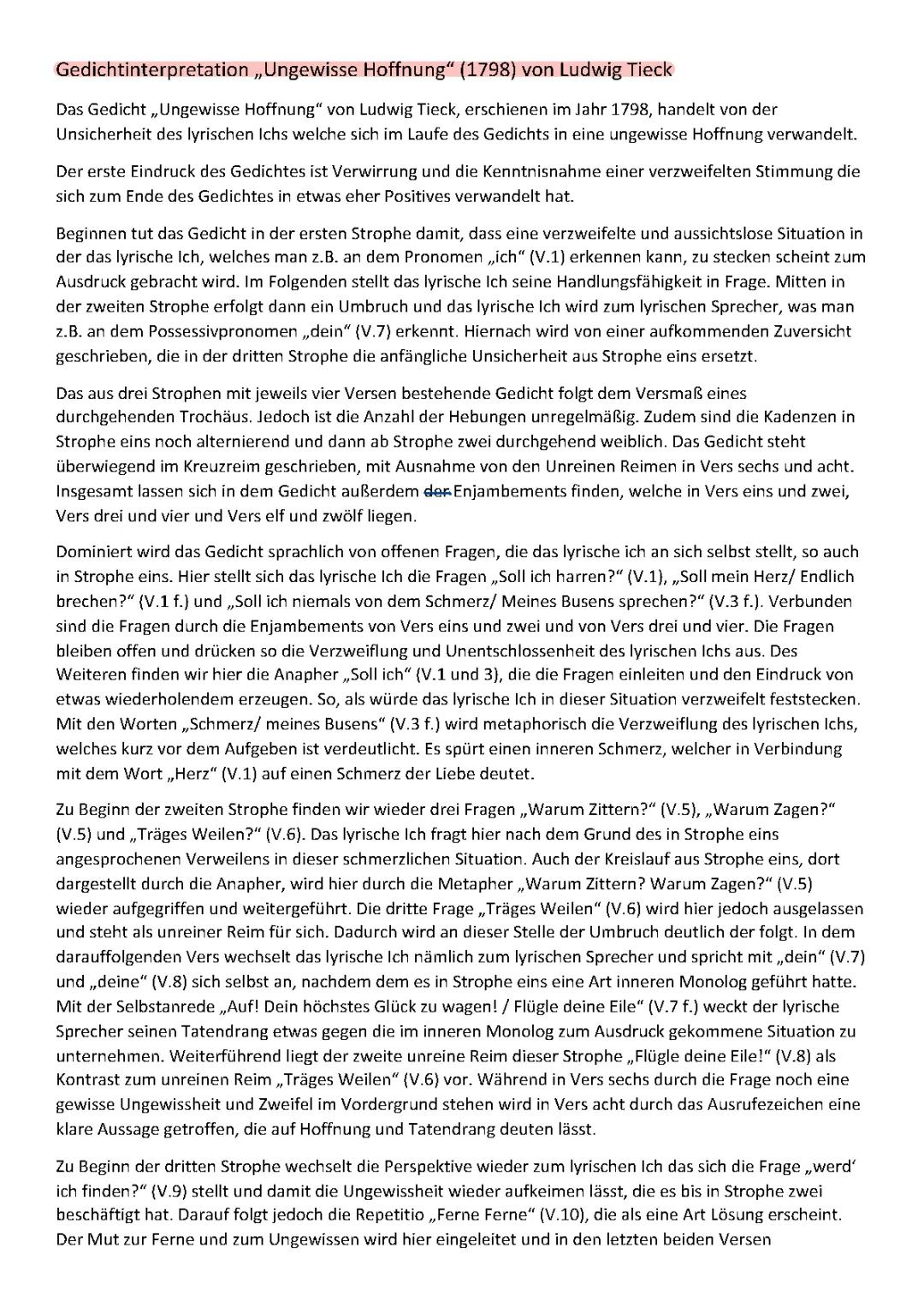 Interpretation „Ungewisse Hoffnung“ von Ludwig Tieck