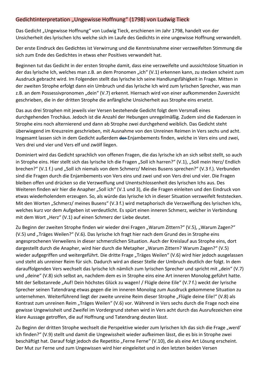 Gedichtinterpretation ,,Ungewisse Hoffnung" (1798) von Ludwig Tieck
Das Gedicht ,,Ungewisse Hoffnung" von Ludwig Tieck, erschienen im Jahr 1