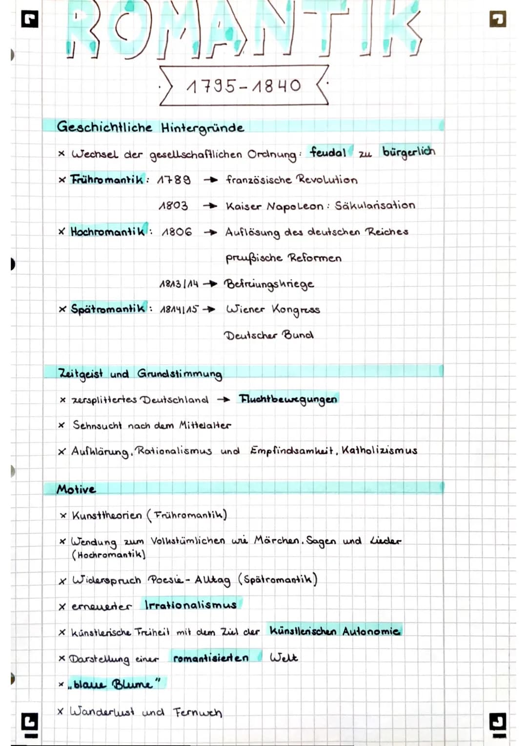 
<p>Die Epoche der Romantik erstreckt sich von 1795 bis 1840 und war geprägt von verschiedenen historischen Hintergründen. Wichtige Veränder