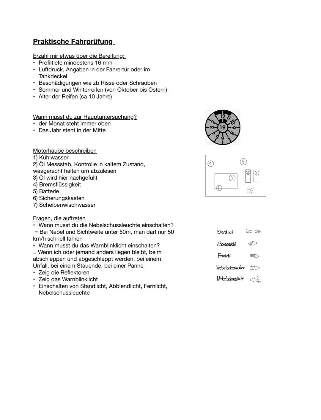 # Praktische Fahrprüfung

Erzähl mir etwas über die Bereifung:
*   Profiltiefe mindestens 16 mm
*   Luftdruck, Angaben in der Fahrertür oder