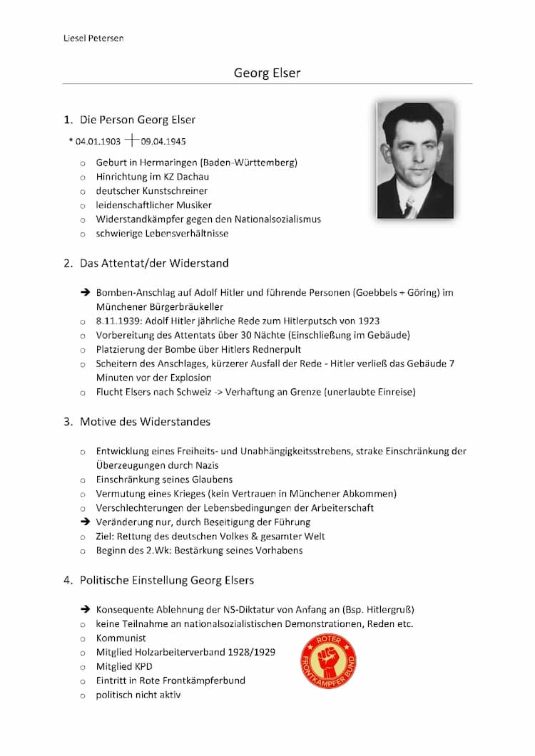 Know Handout zum Widerstandkämpfer Georg Elser (Nationalsozialismus)  thumbnail