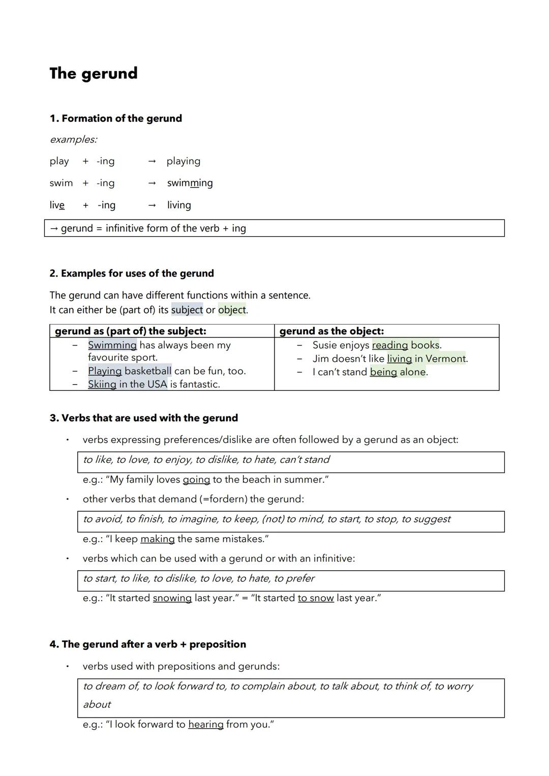The gerund
1. Formation of the gerund
examples:
play + -ing
swim + -ing
live + -ing
living
gerund infinitive form of the verb + ing
playing
