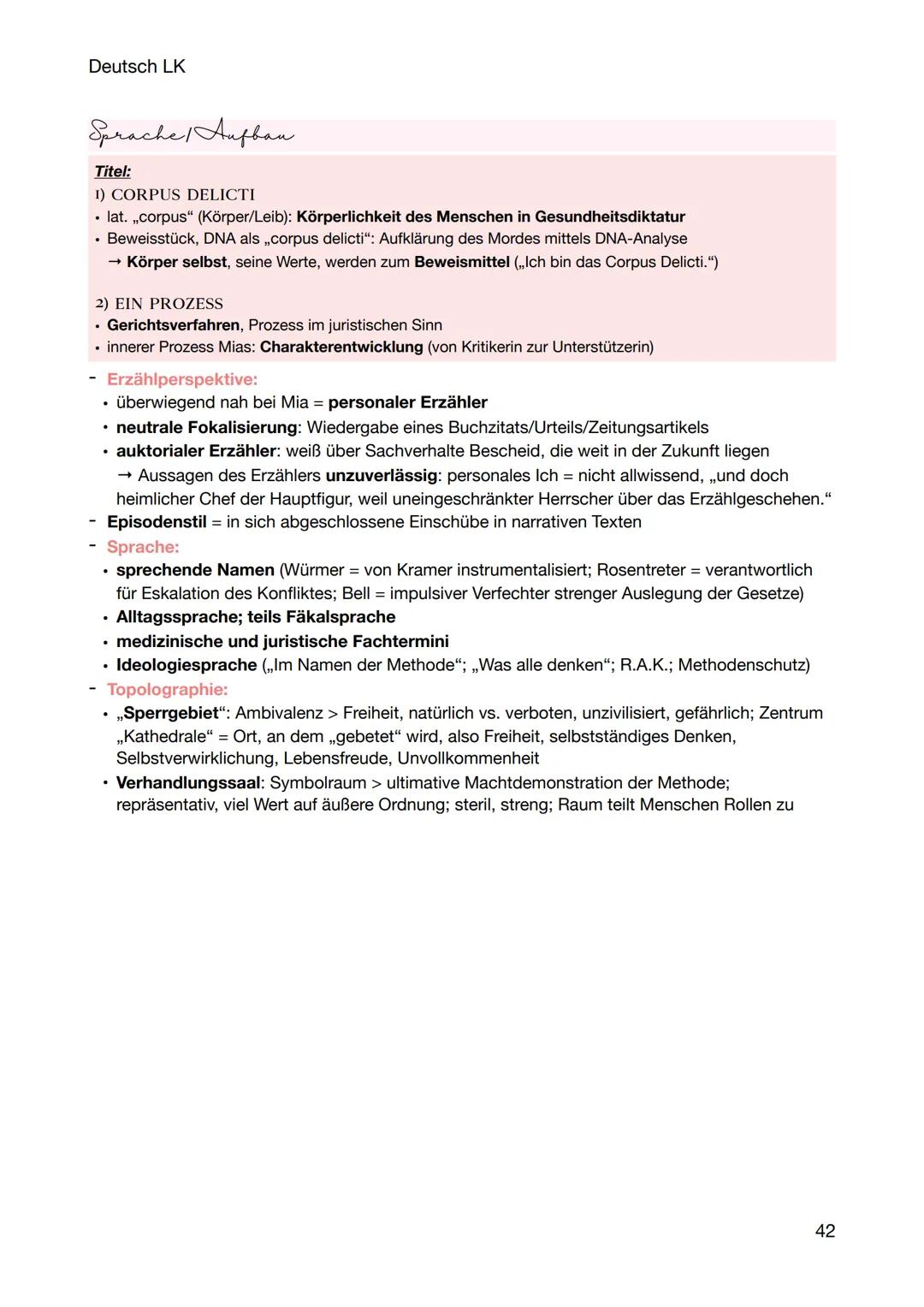 Deutsch LK

Sprache / Aufbau

Titel:
1) CORPUS DELICTI
- lat. „corpus" (Körper/Leib): Körperlichkeit des Menschen in Gesundheitsdiktatur
- B