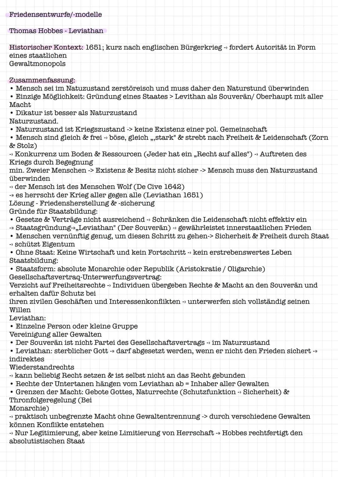 Friedensentwurfe/-modelle
Thomas Hobbes - Leviathan
Historischer Kontext: 1651; kurz nach englischen Bürgerkrieg - fordert Autorität in Form
