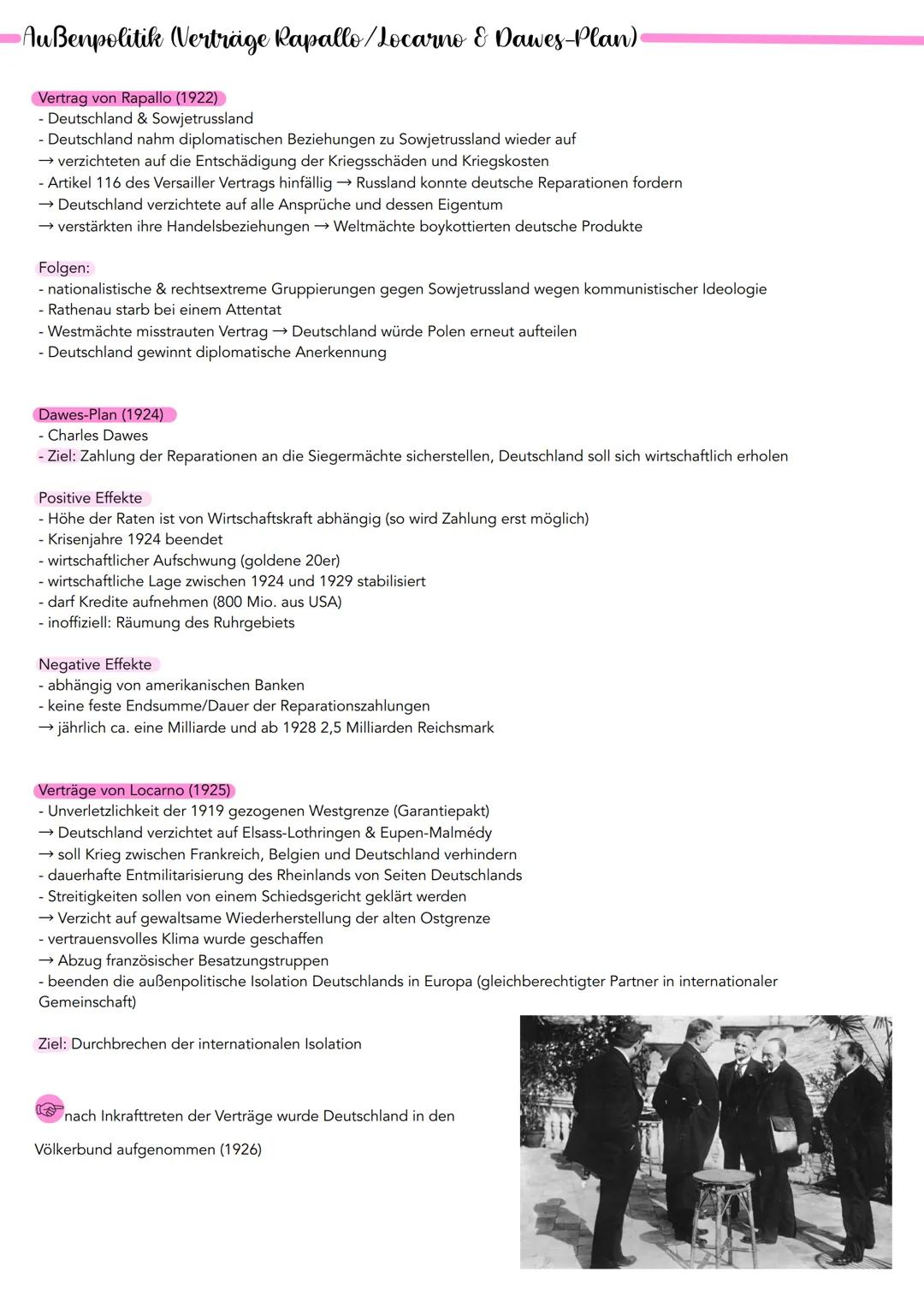 # Außenpolitik (Verträge Rapallo/Locarno & Dawes-Plan)

Vertrag von Rapallo (1922)
- Deutschland & Sowjetrussland
- Deutschland nahm diploma