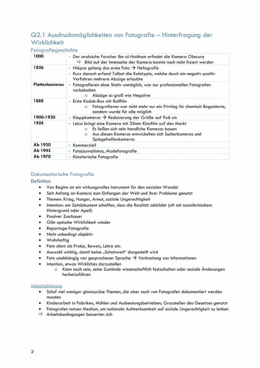 Kunst Q2
Q2.1 Ausdrucksmöglichkeiten von Fotografie - Hinterfragung der Wirklichkeit
Fotografiegeschichte,
Dokumentarische Fotografie
Defini