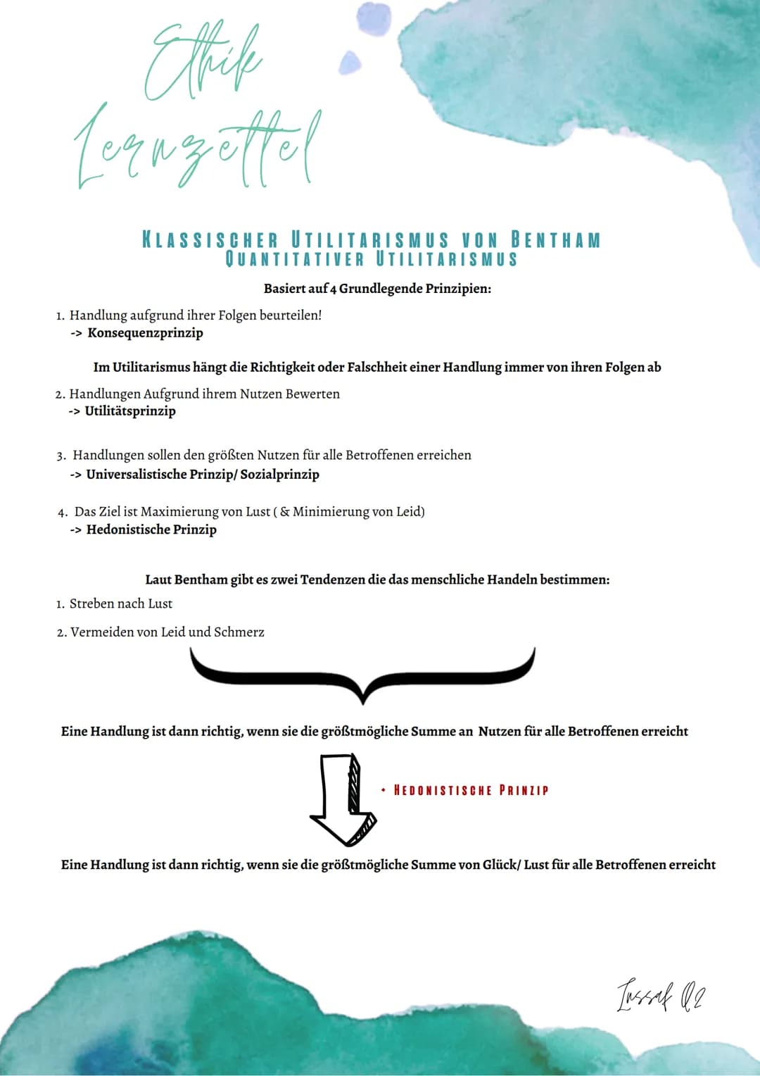 Etfife
Lernzettel
DEFINITION UTILITARISMUS (FOLGENETHIK)
Utilitarismus ist eine ethische Theorie, die besagt, dass das Ziel jeder Handlung d
