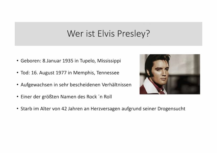 Elvis Presley
Referat von Angelina Elvis Presley
1) Wer ist Elvis Presley?
Elvis Presley wurde am 8. Januar 1935 in Tupelo, Mississippi, geb