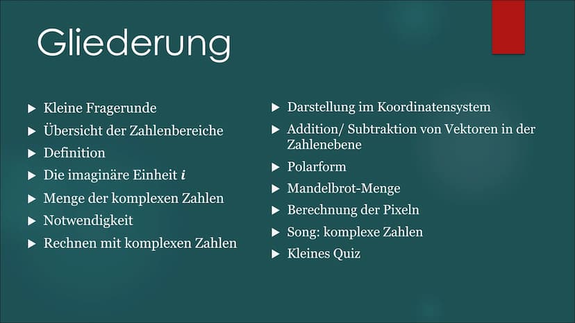 Komplexe
Zahlen
VON ALEYNA, BEYZA & MARIE Gliederung
Kleine Fragerunde
Übersicht der Zahlenbereiche
▶ Definition
▶ Die imaginäre Einheit i
▶
