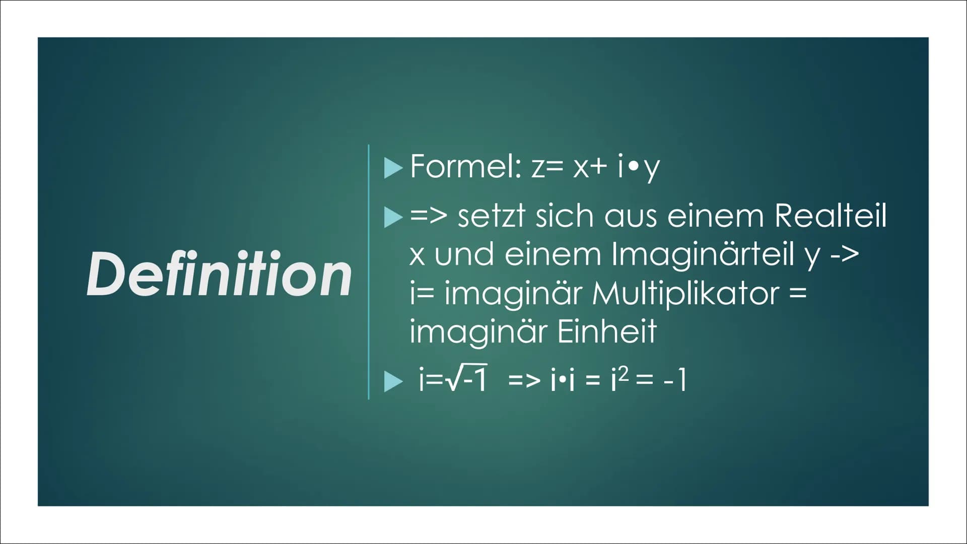 Komplexe
Zahlen
VON ALEYNA, BEYZA & MARIE Gliederung
Kleine Fragerunde
Übersicht der Zahlenbereiche
▶ Definition
▶ Die imaginäre Einheit i
▶