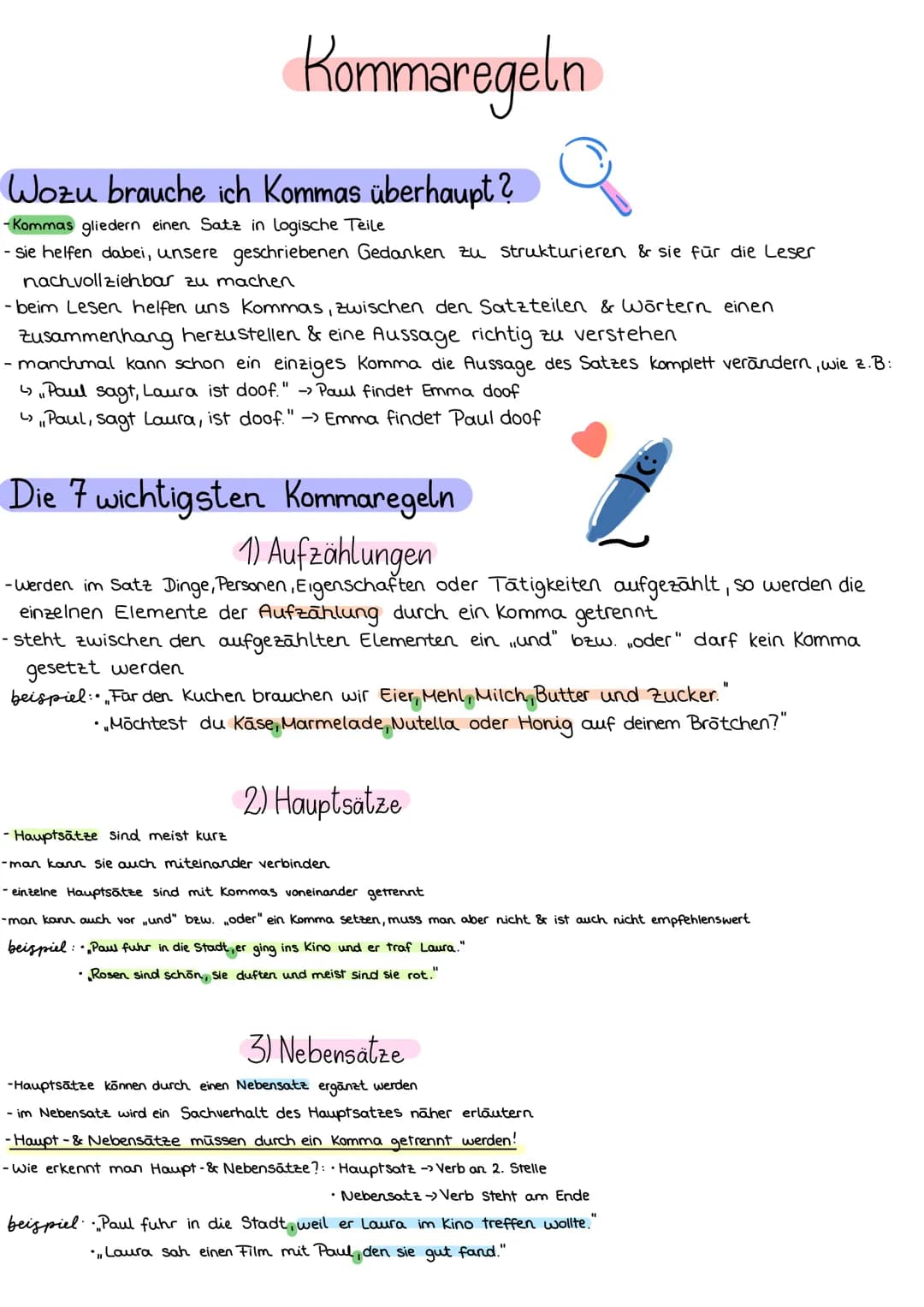 Kommaregel.n
Wozu brauche ich Kommas überhaupt?
-Kommas gliedern einen Satz in logische Teile
- sie helfen dabei, unsere geschriebenen Gedan