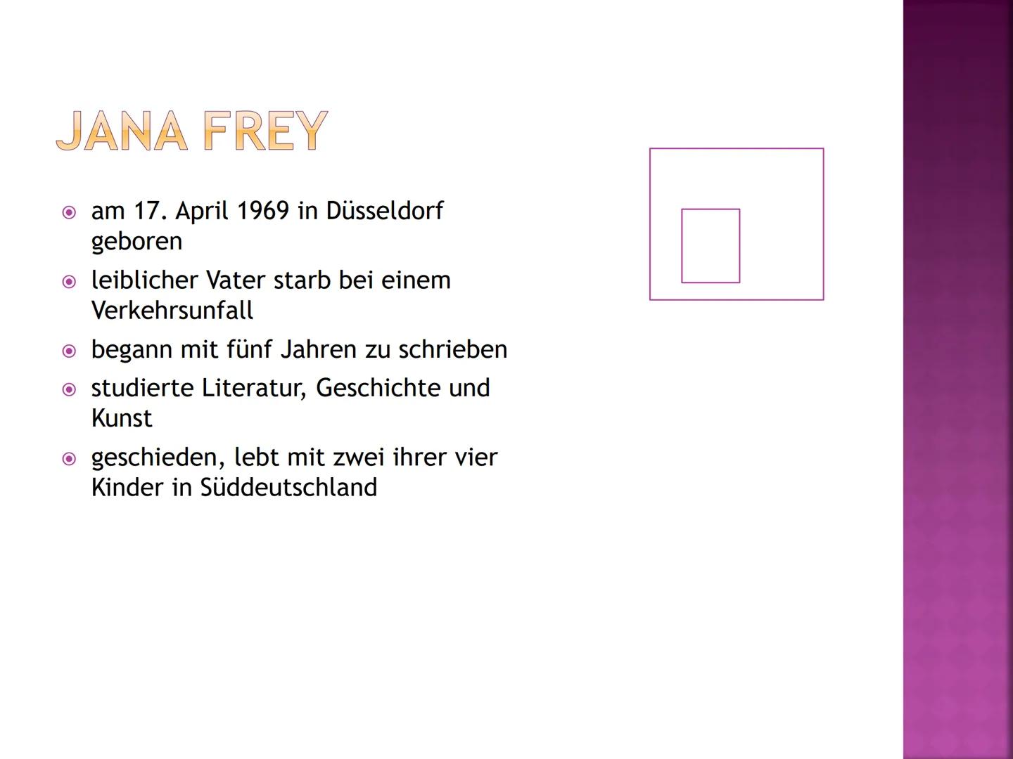 HÖHENFLUG
ABWERTS
MARIE NIMMT DROGEN
Von Jana Frey Handout zum Buch:
●
Jana Frey Lebenslauf:
● kam am 17. April 1969 in Düsseldorf zur Welt 
