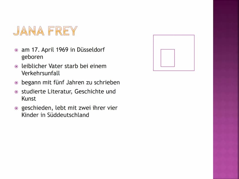 HÖHENFLUG
ABWERTS
MARIE NIMMT DROGEN
Von Jana Frey Handout zum Buch:
●
Jana Frey Lebenslauf:
● kam am 17. April 1969 in Düsseldorf zur Welt 