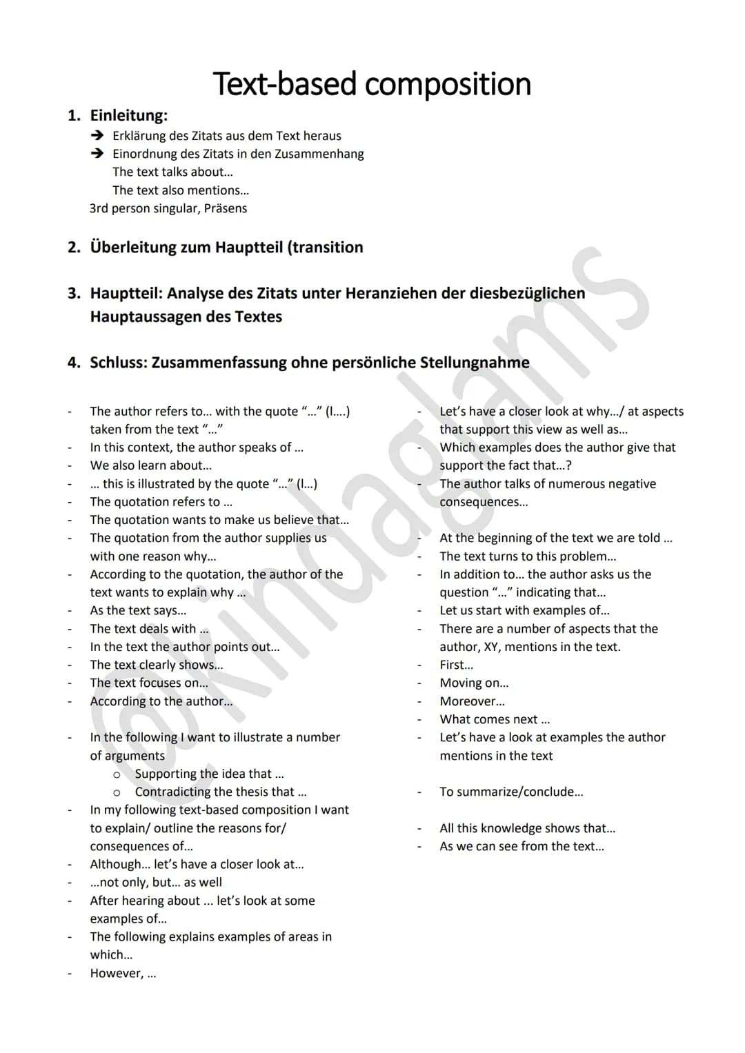 Text-based composition
1. Einleitung:
→ Erklärung des Zitats aus dem Text heraus
→ Einordnung des Zitats in den Zusammenhang
The text talks 