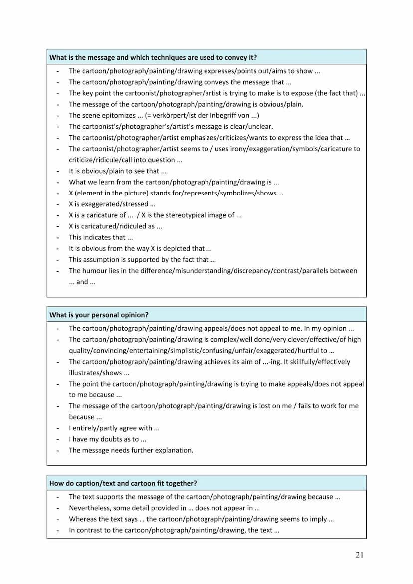 Cartoon Analysis - Vocabulary
Useful expressions
German
Der Cartoon von ... wurde 2016 veröffentlicht.
Es geht darin um Gesundheitsrisiken.
