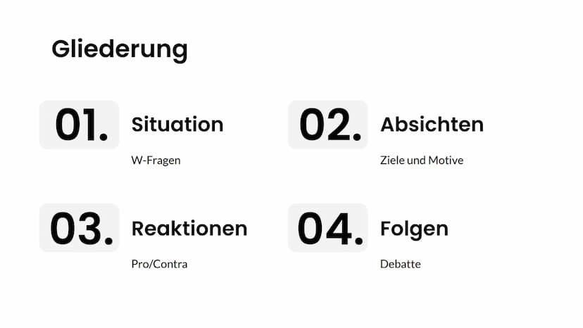Die "Klima
Kleber"
Klimaaktivisten der "letzten Generation"
04. November 2022 Gliederung
01.
03.
Situation
W-Fragen
Reaktionen
Pro/Contra
02