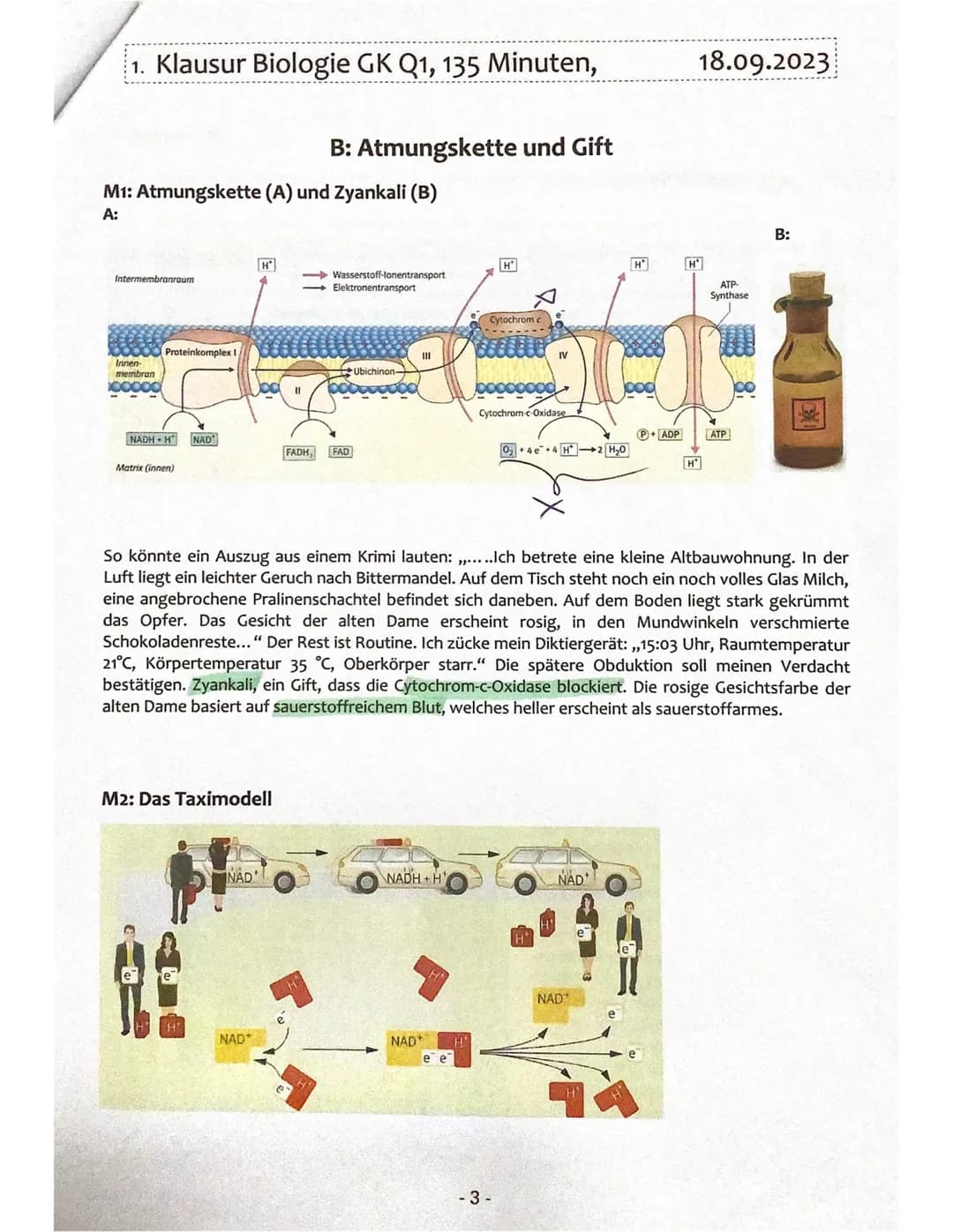 1. Klausur Biologie GK Q1, 135 Minuten,
M1: Atmungskette (A) und Zyankali (B)
A:
Intermembranraum
Innen-
membran
Proteinkomplex I
NADH+H NAD