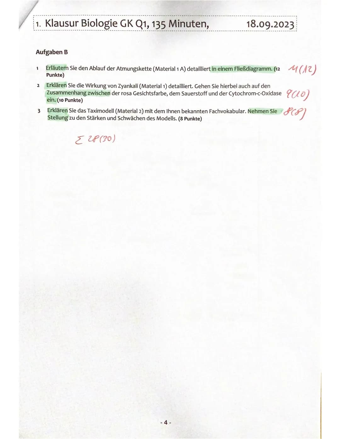 1. Klausur Biologie GK Q1, 135 Minuten,
M1: Atmungskette (A) und Zyankali (B)
A:
Intermembranraum
Innen-
membran
Proteinkomplex I
NADH+H NAD