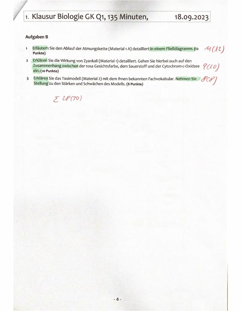 1. Klausur Biologie GK Q1, 135 Minuten,
M1: Atmungskette (A) und Zyankali (B)
A:
Intermembranraum
Innen-
membran
Proteinkomplex I
NADH+H NAD