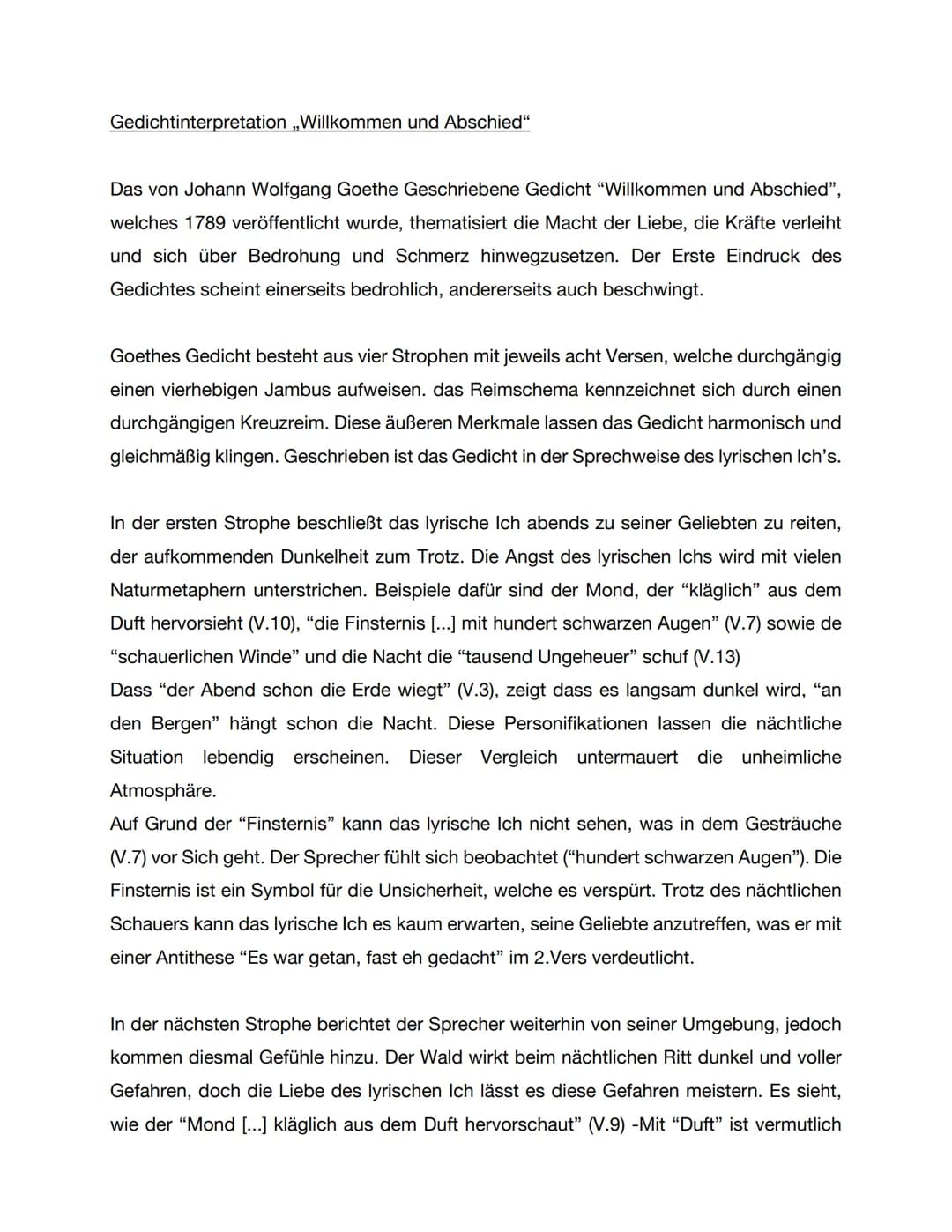 Gedichtinterpretation Willkommen und Abschied"
Das von Johann Wolfgang Goethe Geschriebene Gedicht "Willkommen und Abschied",
welches 1789 v