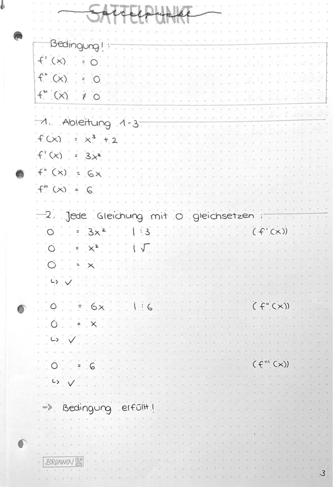 Bedingung!
f'(x).
f" (x).
f" (x)
1. Ableitung 1-3:
f(x)
x³ + 2
f'(x)
Spiclip Wallet
f" (x)
f"" (x) = 6
.O.O.
·O.
-2. Jede Gleichung mit O gl