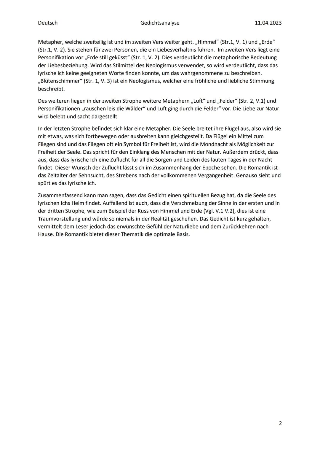 Deutsch
Gedichtsanalyse
Gedichtsanalyse ,,Mondnacht"
11.04.2023
Die Romantik eine Epoche, welche sich um die Zeit von 1795 bis 1840 erstreck