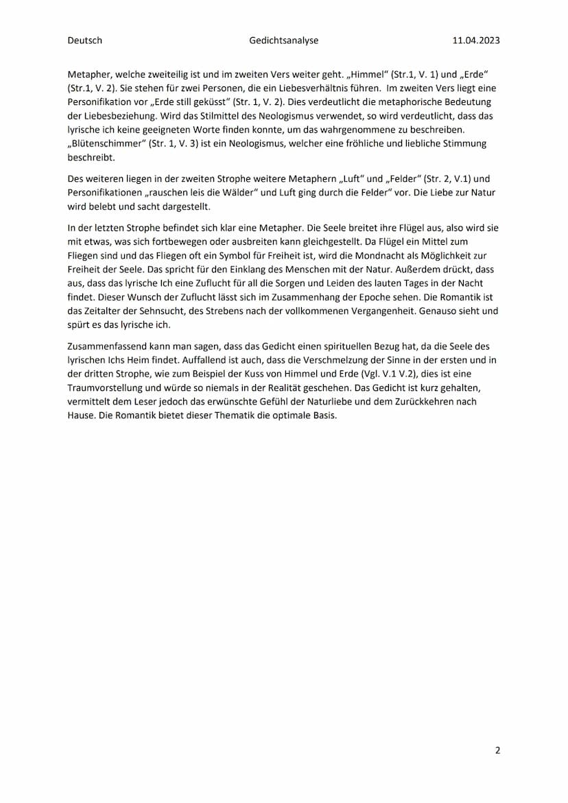 Deutsch
Gedichtsanalyse
Gedichtsanalyse ,,Mondnacht"
11.04.2023
Die Romantik eine Epoche, welche sich um die Zeit von 1795 bis 1840 erstreck