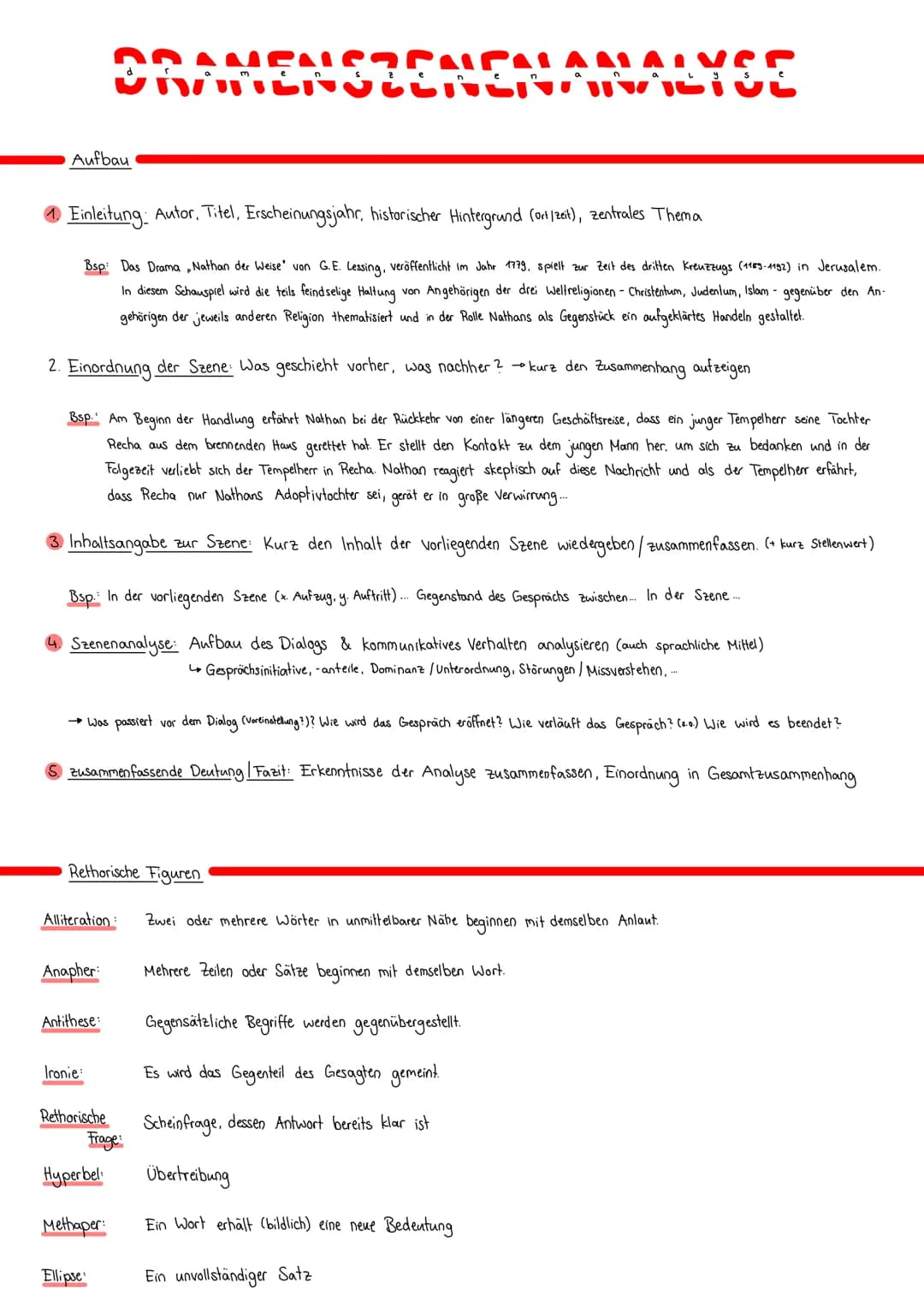 Aufbau
Einleitung: Autor, Titel, Erscheinungsjahr, historischer Hintergrund (ort/zeit), zentrales Thema
Bsp: Das Drama, Nathan der Weise von