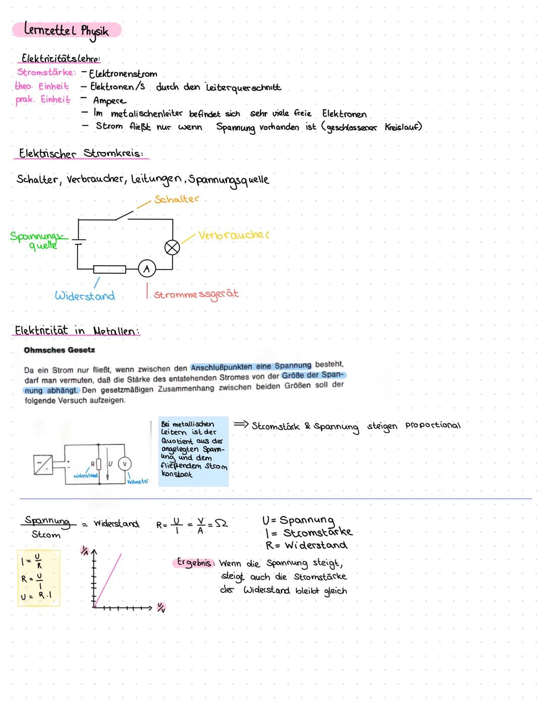 Lernzettel Physik
Elektrizitätslehre:
Stromstärke: - Elektronenstrom
theo. Einheit
prak. Einheit
Elektrischer Stromkreis:
Schalter, Verbrauc