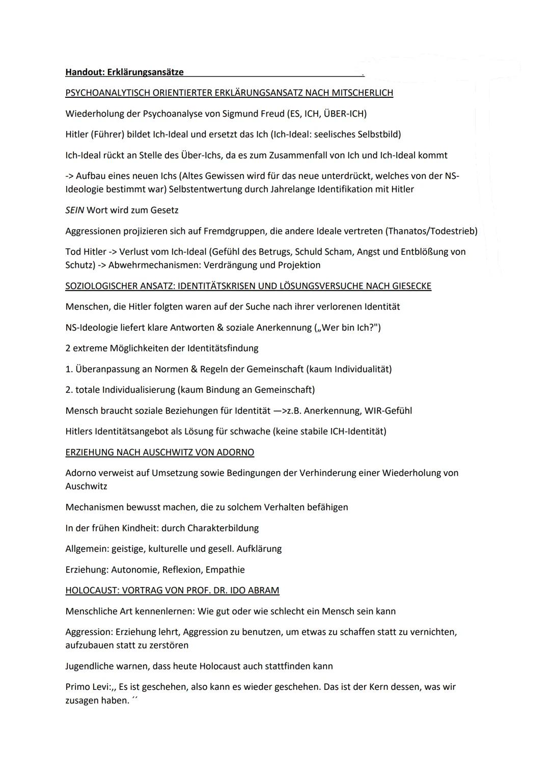 Handout: Erklärungsansätze

PSYCHOANALYTISCH ORIENTIERTER ERKLÄRUNGSANSATZ NACH MITSCHERLICH

Wiederholung der Psychoanalyse von Sigmund Fre