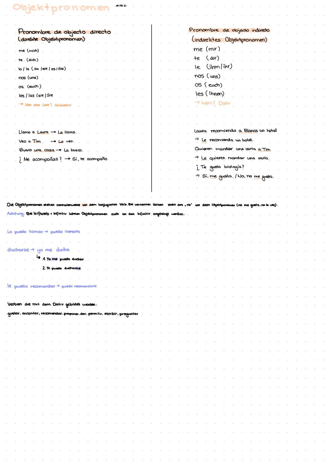 Objektpronomen

Pronombre de objecto directo
(direkte Objektpronomen)
me (mich)
te (dich)
lo/la (ihn/ele/es/Sie)
nos (uns)
os (euch)
los/las