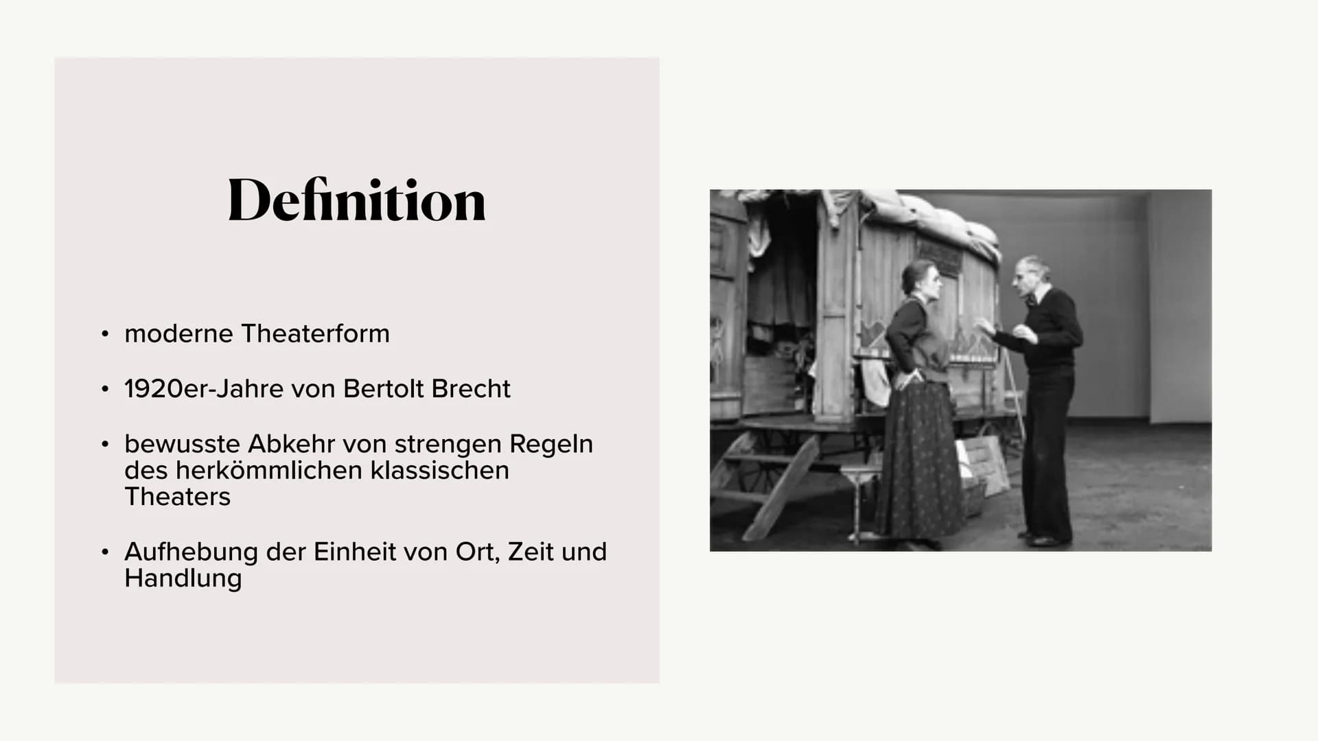episches Theater
-Bertolt Brecht
Hannah und Vivien ●
●
●
Bertolt Brecht als Person
Episches Theater- Definition
Merkmale
●
Gliederung
●
• Wi