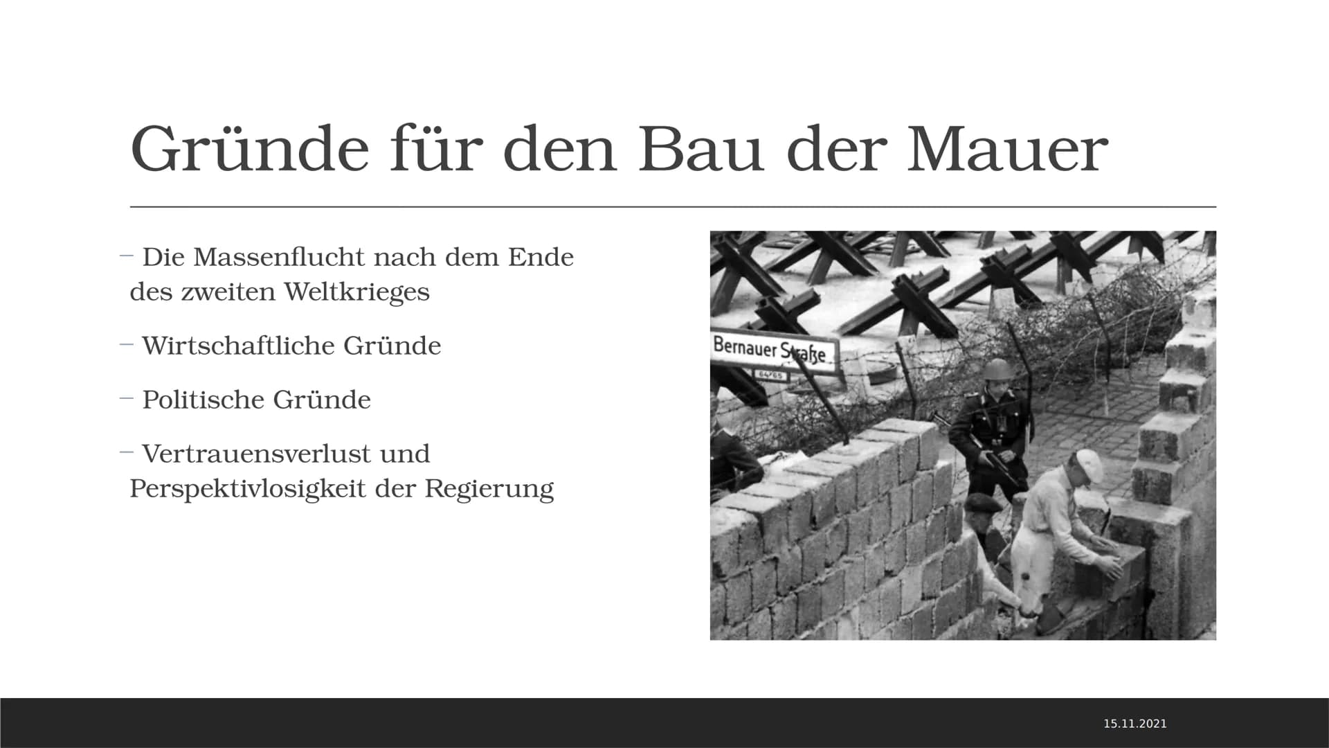 Mauerbau
JARON MANGOLD Inhaltsverzeichnis
- Allgemeine Fakten zur Mauer
Aufbau der Mauer
Gründe für den Bau der Berliner Mauer
Der Bau der B