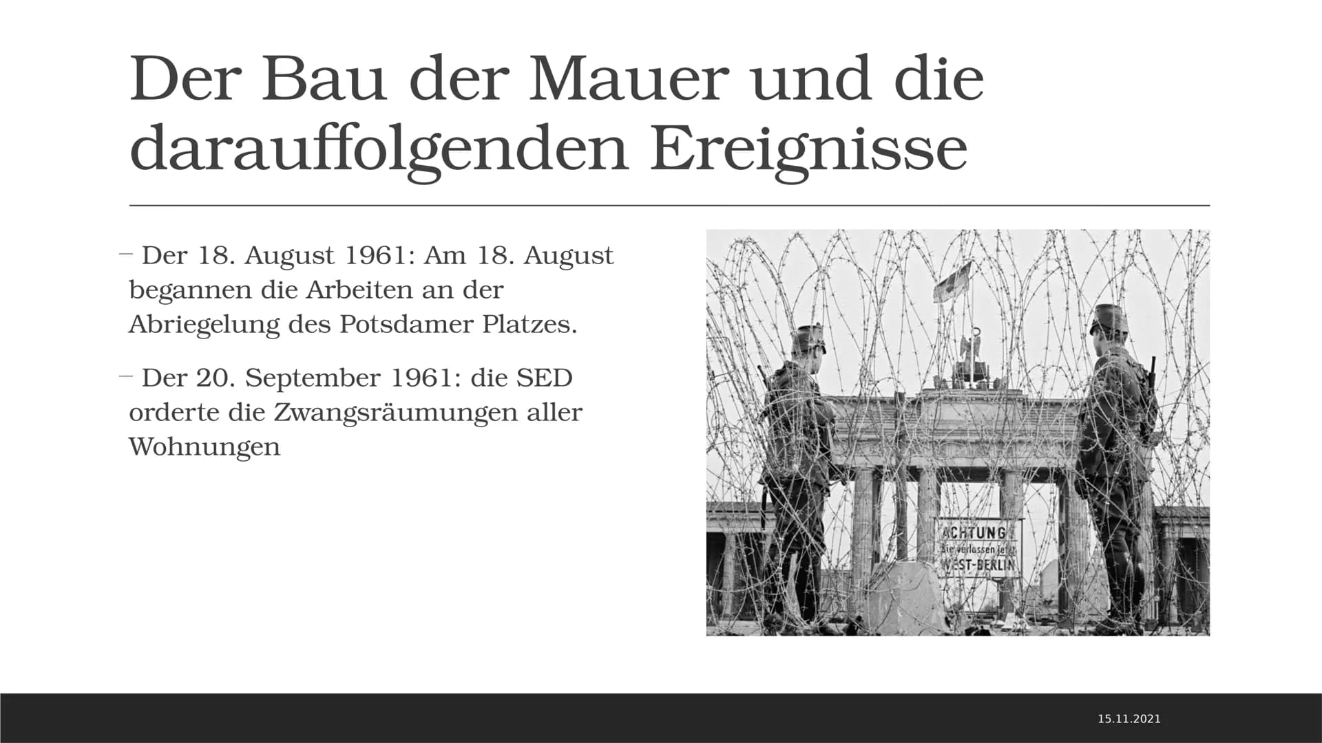 Mauerbau
JARON MANGOLD Inhaltsverzeichnis
- Allgemeine Fakten zur Mauer
Aufbau der Mauer
Gründe für den Bau der Berliner Mauer
Der Bau der B