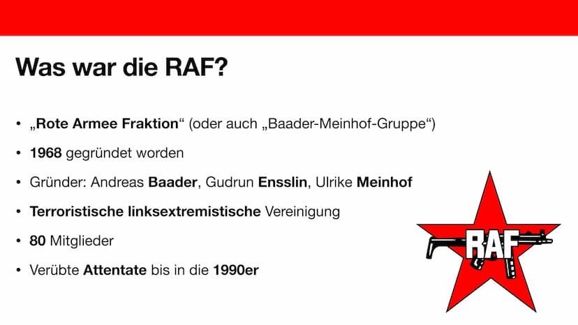 Die Entstehung der RAF
Luna Malik, Giada Cerri Gliederung
●
●
Was war die RAF?
Wer waren die Gründer?
Die Entstehung Was war die RAF?
●
●
,,