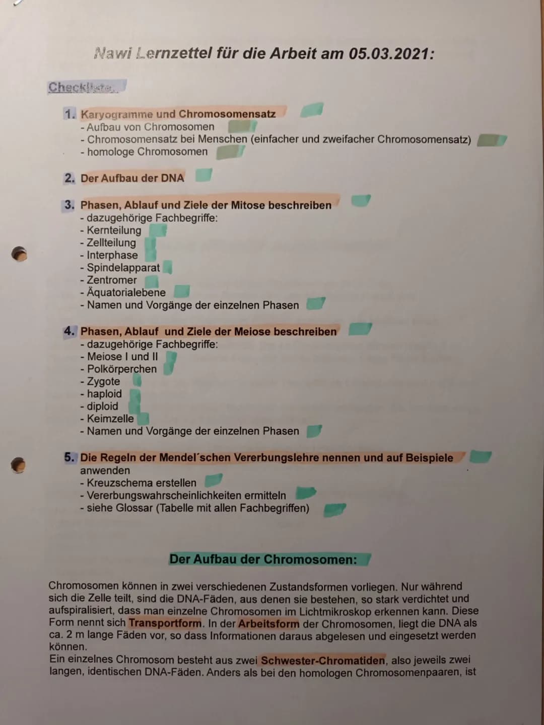 Nawi Lernzettel für die Arbeit am 05.03.2021:
Checkliste
1. Karyogramme und Chromosomensatz
- Aufbau von Chromosomen
- Chromosomensatz bei M
