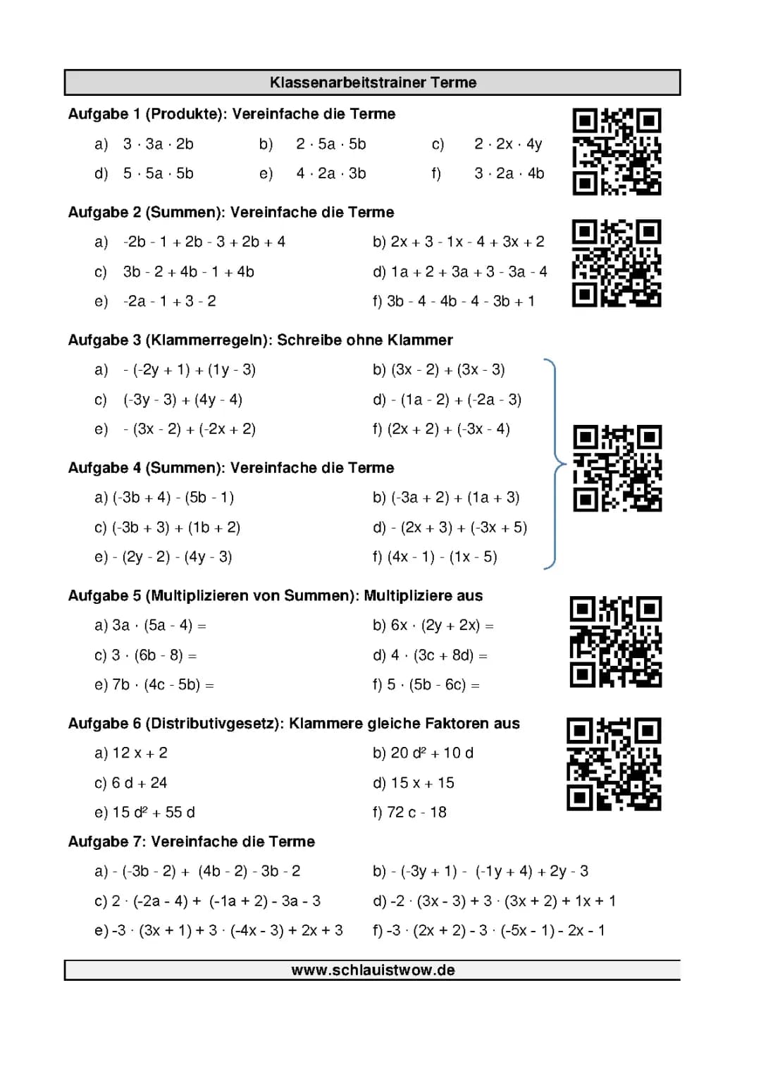 Klassenarbeitstrainer Terme vereinfachen (Klasse 7)