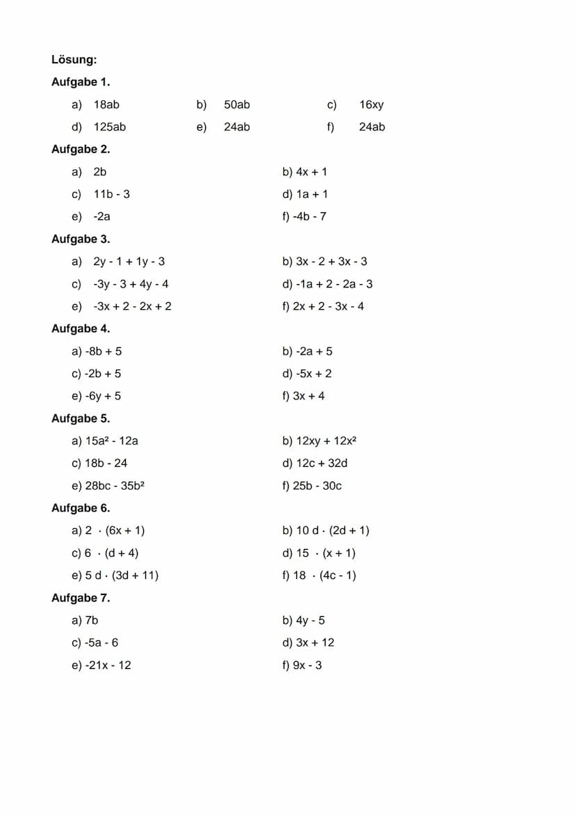 Aufgabe 1 (Produkte):
a) 3. 3а. 20
d) 5.5a5b
Klassenarbeitstrainer Terme
Vereinfache die Terme
b) 2.5a5b
e) 4. 2a 3b
Aufgabe 2 (Summen): Ver