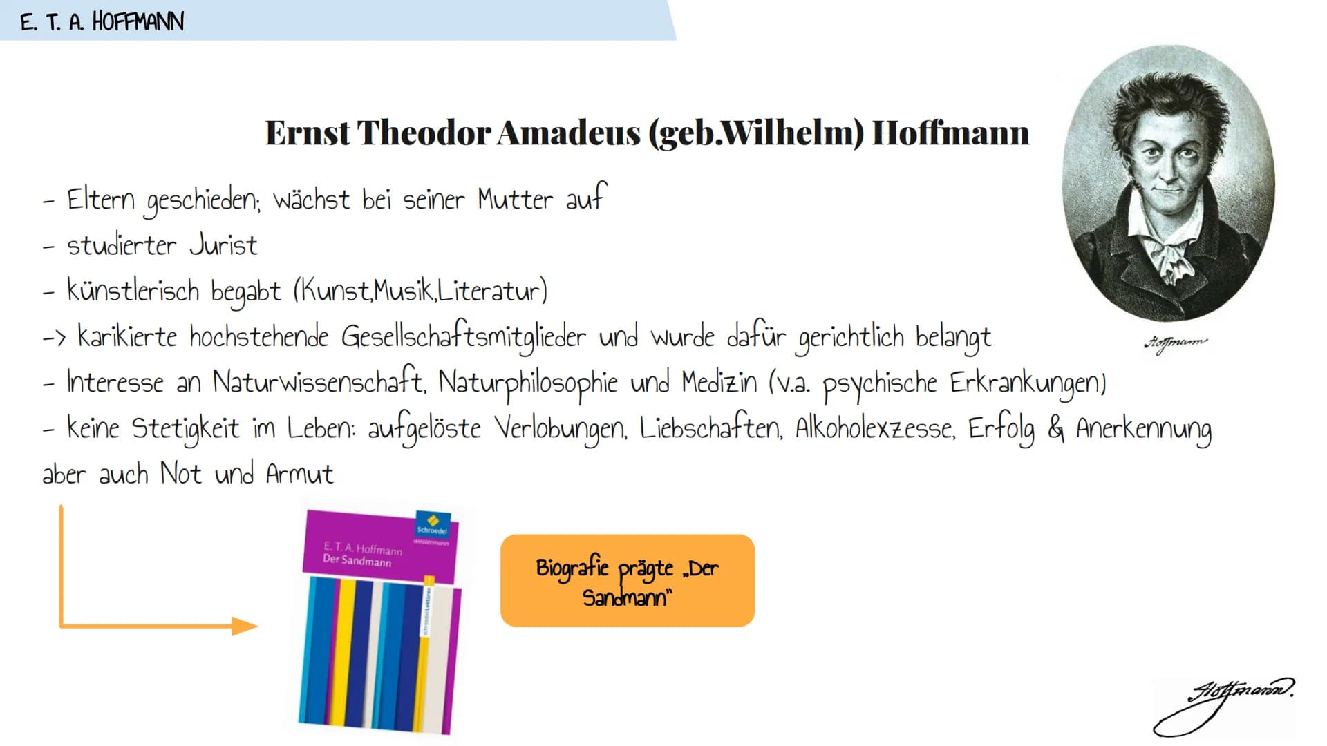 ADVANCED
ORGANIZER
ALS PRÄSENTATION
DER SANDMANN E. T. A. Hoffmann
Inhalt ✔
Figuren ✓
Epochenzuordnung
Gattung ✓
Multiperspektivität des Erz